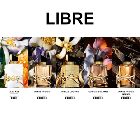 Image 6 - A banner image displays five distinct perfume bottles from the Libre collection, each with a gold YSL logo and a black cap, set against a corresponding floral or natural background, with the visible text LIBRE, LEAU NUE ALCOHOL-FREE INTENSITY (3 out of 4 bars), EAU DE PARFUM INTENSITY (2 out of 4 bars), VANILLE COUTURE INTENSITY (3 out of 4 bars), FLOWERS & FLAMES INTENSITY (2 out of 4 bars), EAU DE PARFUM INTENSE INTENSITY (4 out of 4 bars).