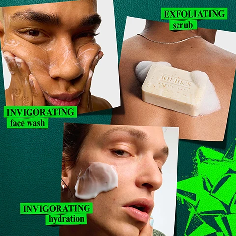 Image 1 - A collage image shows three close-up panels against a dark green textured background with a bright green abstract pattern: a person applying foamy product to their face, a bar of Kiehls soap with lather on a persons shoulder, and a person applying a white cream to their cheek, with text overlays reading INVIGORATING face wash, KIEHLS SINCE 1851, EXFOLIATING scrub, and INVIGORATING hydration. Image 2 - A flat lay displays skincare products including a textured bar of soap with lather, a blue liquid with bubbles, a swirl of white cream, and a dark green letter K cutout, with text labels reading Exfoliating Bar Soap, Invigorating Facial Scrub, and Invigorating Moisturiser. Image 3 - A white page on a green surface shows three Kiehls Facial Fuel products (a bar soap, a gel cleanser bottle, and a moisturizing treatment tube) next to a list of ingredients and their benefits; visible text includes K, Our Products With:, Kiehls Since 1851 on the soap, OAT BRAN Helps physically exfoliate skin, KIEHLS Since 1851 For a Refueld Land at Kiehls FACIAL FUEL INVIGORATING FACE WASH GEL CLEANSER FOR MEN 8.4 fl. oz. - 250 ml, CAFFEINE Helps skin feel revitalized and invigorated, KIEHLS Since 1851 For a Refueld Land at Kiehls FACIAL FUEL INVIGORATING MOISTURE TREATMENT FOR MEN 2.5 fl. oz. - 75 ml, VITAMIN Cg Helps boost radiance, and Kiehls Since 1851 at the bottom right.