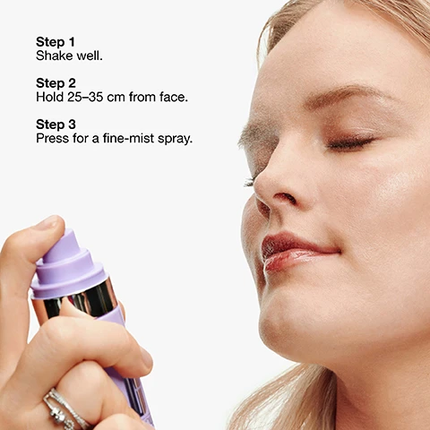 Image 1 - A person sprays mist onto their closed eyes while holding a purple bottle, next to text that reads Step 1 Shake well. Step 2 Hold 25–35 cm from face. Step 3 Press for a fine-mist spray. Image 2 - Image displaying Clinique product formula facts including Dermatologist tested, Ophthalmologist tested, Safe for sensitive skin, Allergy tested, Fragrance free, Free of Oil, Sodium lauryl sulfate, Sodium laureth sulfate, Alcohol, Sulfites, next to a purple bottle of CLINIQUE set the day makeup setting spray spray fixateur de maquillage with 5% ALOE WATER EAU DALOE 5%. Image 3 - Alt text generation failed Image 4 - Image showing a white surface covered in water droplets with a lock icon and the text lock in makeup above a water droplet icon and the text hydrate.