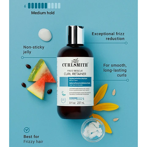 Image 1 - A dark brown Curlsmith Frizz Rescue Curl Retainer bottle with a silver cap sits on a light blue background, artfully arranged with two watermelon slices, scattered sunflower seeds, a dollop of clear gel, white cream in a small dish, and yellow flower petals; the image contains text that reads: 6 Medium hold, Non-sticky jelly, Exceptional frizz reduction, For smooth, long-lasting curls, Best for Frizzy hair, CURLSMITH FRIZZ RESCUE CURL RETAINER, Flexible Definition Jelly Styler, All Curl Types, Gelée Coiffante De Définition Flexible, Tout Type De Boucles, sunflower seed, blackcurrant, coconut butter, squalane, water melon seed, graine de tournesol, cassis, beurre de noix de coco, squalane, huile de pépins de pastèque, Vegan, 8 fl oz 237 mL. Image 2 - A smiling woman with abundant reddish-brown curly hair holds a dark bottle of hair product in her right hand against a solid light blue background, with overlaid text reading 87% agreed their curls felt soft and bouncy* and the bottle label displaying CURLSMITH FRIZZ RESCUE CURL RETAINER, Vegan, and 8 fl oz | 237 mL. Image 3 - A hand holds a brown bottle of Curlsmith Frizz Rescue Curl Retainer against a blue background, with text on the image that reads Reduces frizz by up to 79%* and the bottle label also shows 8 fl oz 237 mL. Image 4 - An amber bottle of Curlsmith Frizz Rescue Curl Retainer with a silver cap sits on a clear surface against a blue background, next to a sunflower petal and squeezed white product, with prominent text Controls frizz up to 72 HRS in extreme humidity*, and the bottle label reads CURLSMITH, FRIZZ RESCUE, CURL RETAINER, Flexible Definition Jelly Styler, All Curl Types, Gelee Coiffante De Definition Flexible, Tous Type De Boucles, sunflower seed, blackcurrant, coconut butter, squalane, watermelon seed oil, graine de tournesol, cassis, beurre de coco, squalane, huile de pépins de pastèque, VEGAN, and 8 fl oz 237 mL. Image 5 - The image compares two Curlsmith Frizz Rescue Curl Retainer bottles, showing the old look with a green label on the left and the new look with a blue label on the right, separated by an arrow and topped with a teal circle proclaiming Same Great New Look Product; both 8 fl oz 237 mL bottles are PETA Approved Vegan and Cruelty-Free, featuring Curlsmith Frizz Rescue Curl Retainer, Flexible Definition Jelly Styler / Gelée Coiffante De Définition Flexible, All Curl Types / Tout Type De Boucles, core ingredients like sunflower seed, blackcurrant, coconut butter, squalane, watermelon seed oil / graine de tournesol, cassis, beurre de coco, squalane, huile de pépins de pastèque, and a 6 medium hold / tenue moyenne rating; the old label uniquely lists Anti-Frizz Recipe / Recette Anti-Frisottis, Whats inside / Content, and Free From: Sulfates, Parabens, Silicones, Mineral Oils, Phthalates, DEA, Alcohol, Drying Alcohols, Dyes.