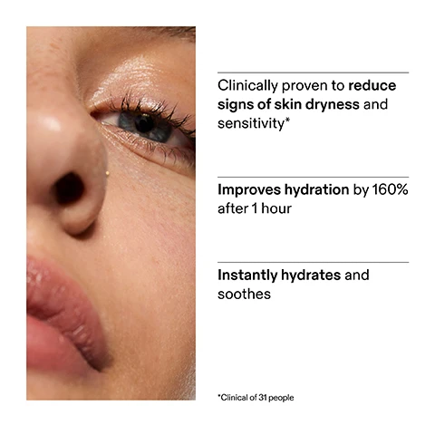 Image 1 - A close-up of a persons face with dewy, hydrated skin around the nose and eye, next to text that reads Clinically proven to reduce signs of skin dryness and sensitivity*, Improves hydration by 160% after 1 hour, Instantly hydrates and soothes, and *Clinical of 31 people. Image 2 - A smiling persons face from the nose down with glowing skin is shown above text that reads Why we love Ectoin Hydro-Barrier Serum, Hydrates and strengthens the skin barrier, Lightweight and non-sticky, Helps add bounce and firm skin. Image 3 - A person with hydrated, dewy skin touches their cheek with a hand featuring light pink manicured nails, above the text: Why we love Hydro-Surge Dewy Face Mist • Instant hydration and glow on the go. • Use on bare skin or over makeup. • Spritz any time, anywhere. Image 4 - The image displays a white background with many water droplets, providing instructions on how to layer products, reading How to layer Hydration Shield Duo, followed by ① Ectoin Hydro-Barrier Serum AFTER CLEANSING, APPLY A PEA-SIZED AMOUNT TO CLEAN, DRY SKIN. and ② Hydro-Surge Dewy Face Mist SPRITZ 2-3 TIMES OVER FACE AND NECK AFTER SKINCARE OR THROUGHOUT THE DAY. Image 5 - Two The Inkey List skincare products are displayed, a white bottle of serum and a clear bottle of face mist, with a red and white award sticker on the serum bottle; visible text includes ECTOIN HYDRO-BARRIER SERUM 1.0 US fl.oz / 30ml e, HYDRO-SURGE DEWY FACE MIST 2.5 US fl.oz / 75ml e Boost hydration, barrier and glow on-the-go. Stimuler lhydratation, la barrière et léclat de la peau pendant les déplacements., and CEW UK BEAUTY AWARD WINNER 2025.