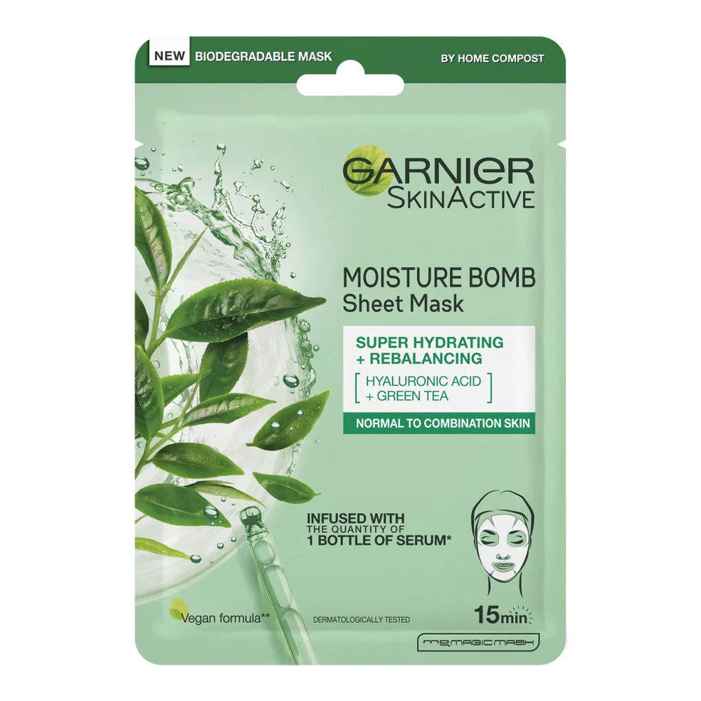 Garnier Moisture Bomb Green Tea Hydrating Sheet Mask nawadniająca maseczka w płachcie z zieloną herbatą 32 g Zdjęcie 1