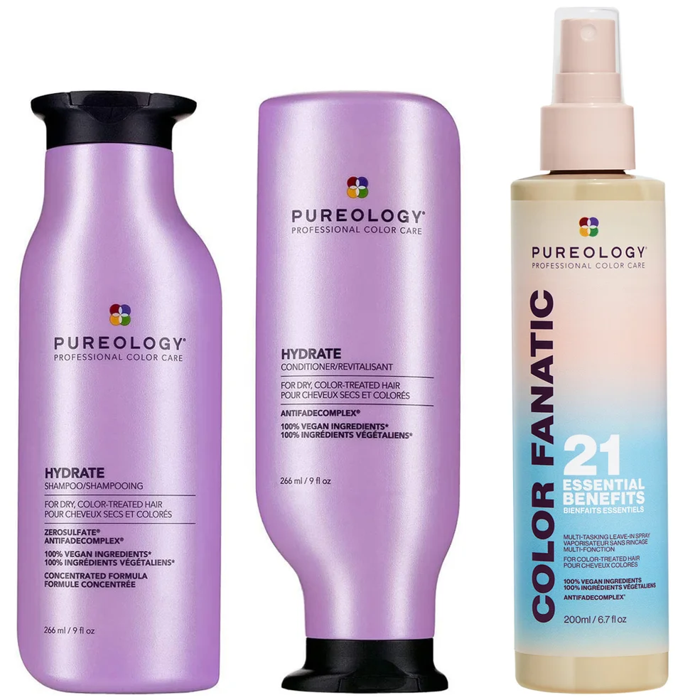 Pureology Hydrate Shampoo, Conditioner and Color Fanatic Multi-Benefit Leave-in, Moisturising Bundle for Dry Hair Zdjęcie 1