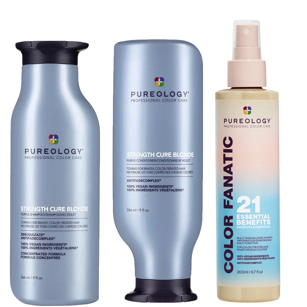 Pureology Strength Cure Blonde Purple Shampoo, Conditioner and Color Fanatic Spray Routine for Toning Brassy Hair Zdjęcie 1