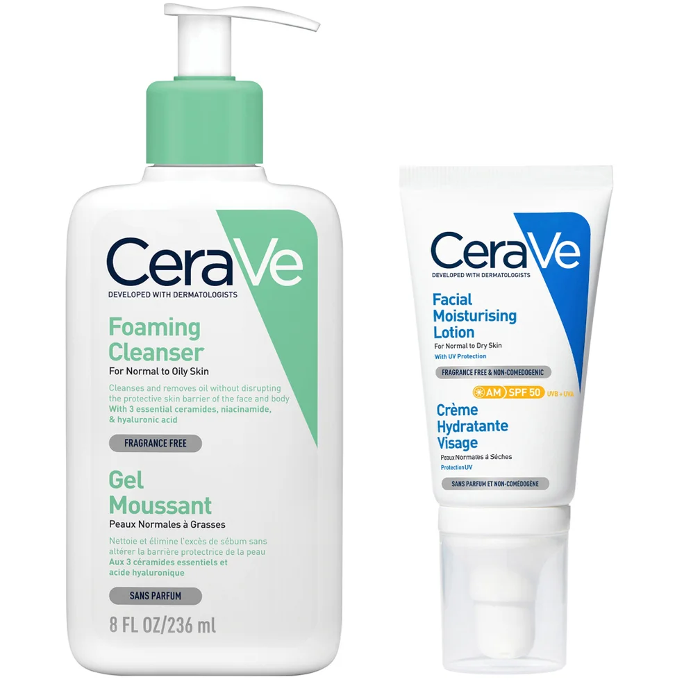 CeraVe Morning Cleanse and Protect Duo for Oily Skin, Cleanser with Niacinamide and Moisturiser with SPF 50 and Hyaluronic Acid Zdjęcie 1