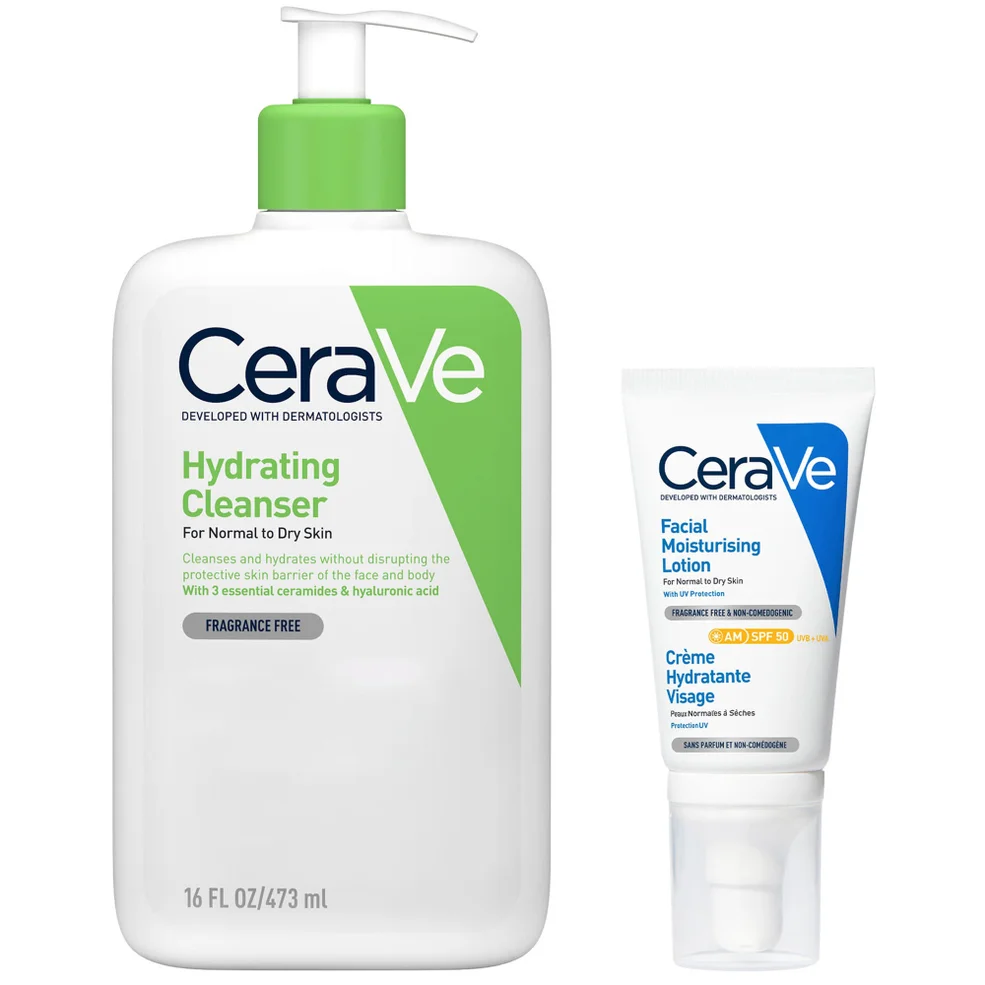 CeraVe Cleanse and Protect Face Routine for Dry Skin, Hydrating Cleanser and Facial Moisturiser with SPF 50 Zdjęcie 1