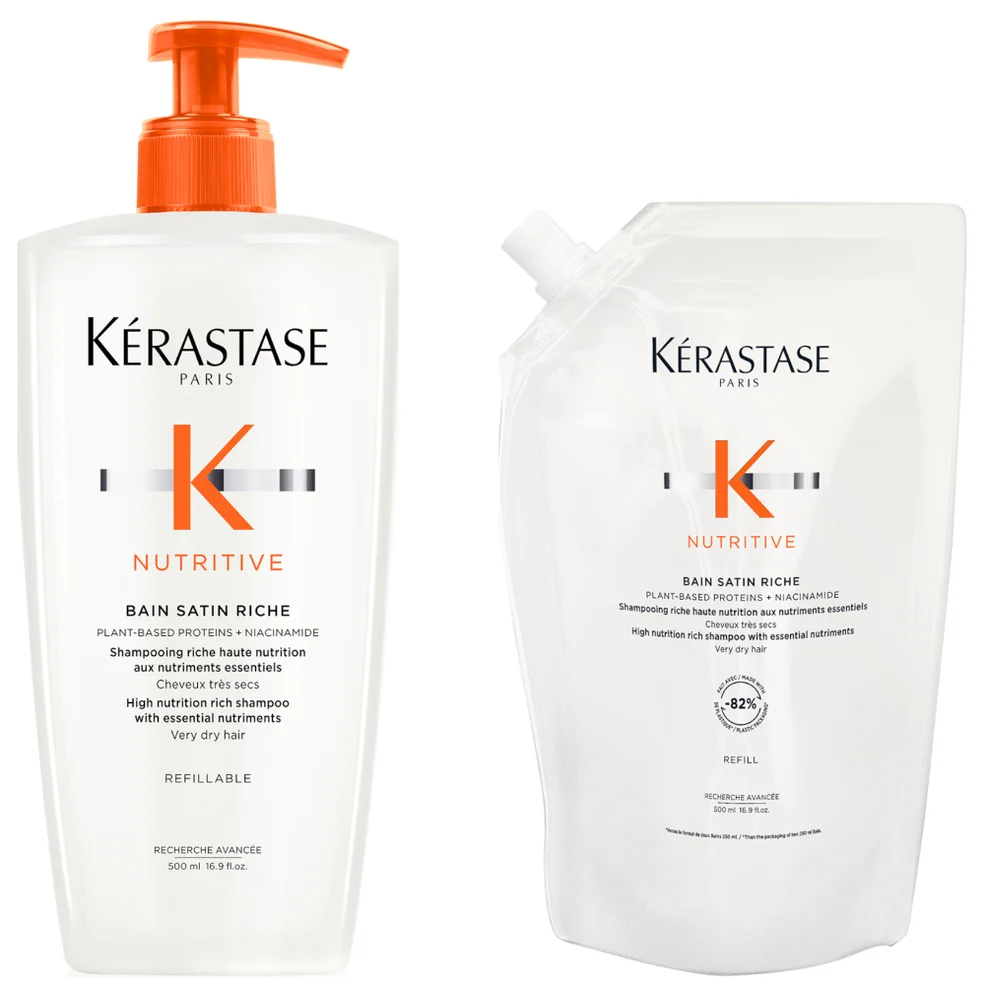 Kérastase Nutritive Bain Satin Riche Refillable Shampoo and Refill Pouch Duo for Fine to Medium Dry Hair with Niacinamide 500ml Zdjęcie 1