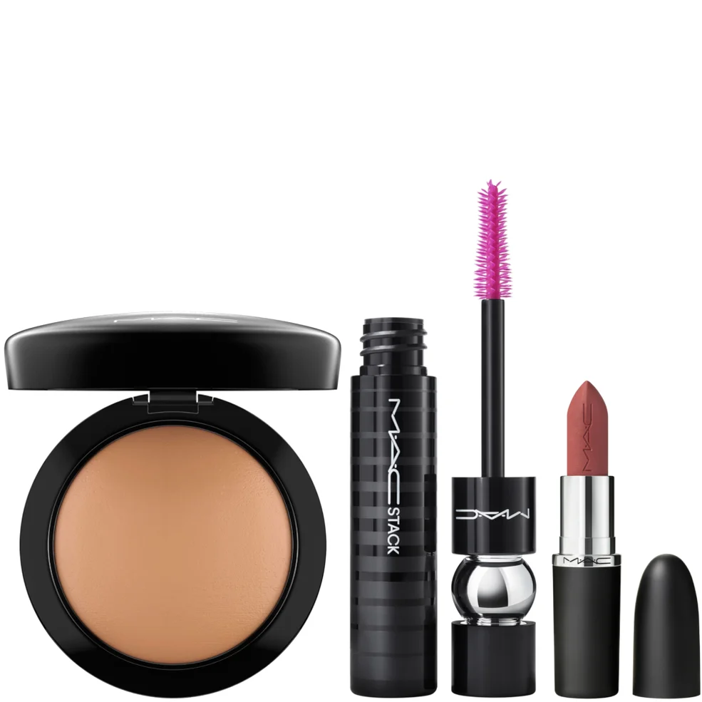 MAC HEROS - MACximal Lipstick Velvet Teddy, Min. Skinfinish Give Me Sun, Fix + Original 100ml and MACStack Black Mascara Bundle Zdjęcie 1